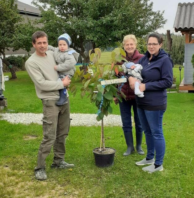 Bäumchenaktion für Neugeborene durch den Dorferneuerungsverein Eisgarn: Reinhard Bilek mit Marco, Obfrau Marianne Bilek und Jacqueline Bilek mit Niklas (v.l.). | Foto: Bilek/Dorferneuerungsverein Eisgarn