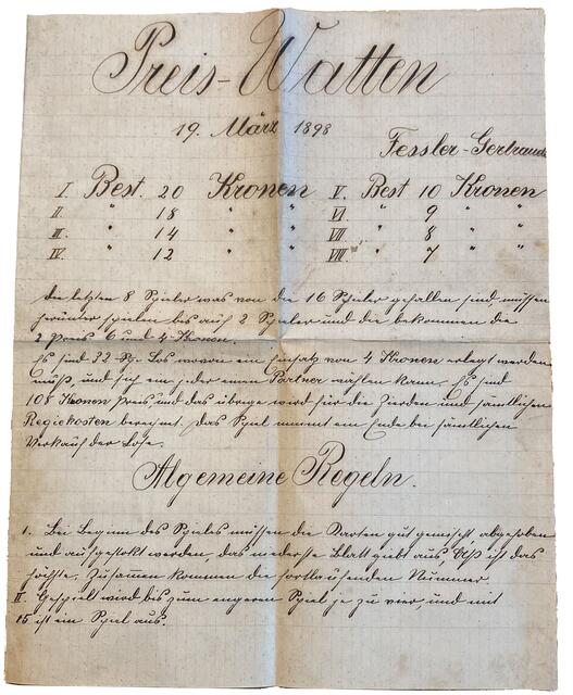 Die Ausschreibung zum Preiswatten vor 125 Jahren im Gasthof Fesslerwirt.