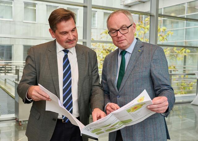 Die Stadt profitiert als eine der ersten vomBodenbonus des Landes: Werner Krammer zeigt Landeshauptfrau-Stellvertreter Stephan Pernkopf die weiteren Pläne des grünen Netzes. | Foto: Stadt WY