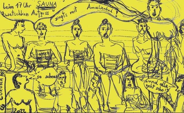 Auf humorvolle Weise bringt Künstlerin Corona Gsteu Saunagschichtln aus dem Amalienbad oder Brigittenauer Bad zu Papier.
 | Foto: Corona Gsteu
