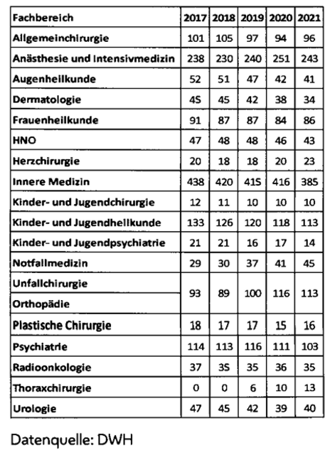 Die Aufstellung der Fachbereiche mit der dazugehörigen Anzahl an Fachärztinnen und -ärzten pro Jahr. | Foto: Screenshot wien.gv.at/infodat