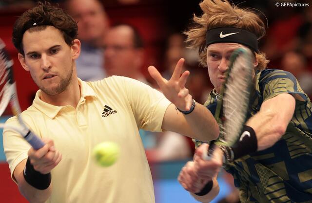 Im direkten Duell mit Andrej Rublev steht es nun 5:2 für den Russen, seinen letzten Sieg feierte Thiem gegen Rublev in Monte Carlo 2018. | Foto: GEPA Pictures
