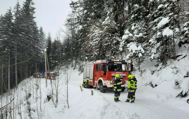 Einsatz im Bereich der Ardningalm-Straße: Ein Pkw mit drei Insassen rutschte von der Fahrbahn und wurde lediglich durch einen dünnen Baum vor dem Absturz in den Graben bewahrt. | Foto: FF Ardning