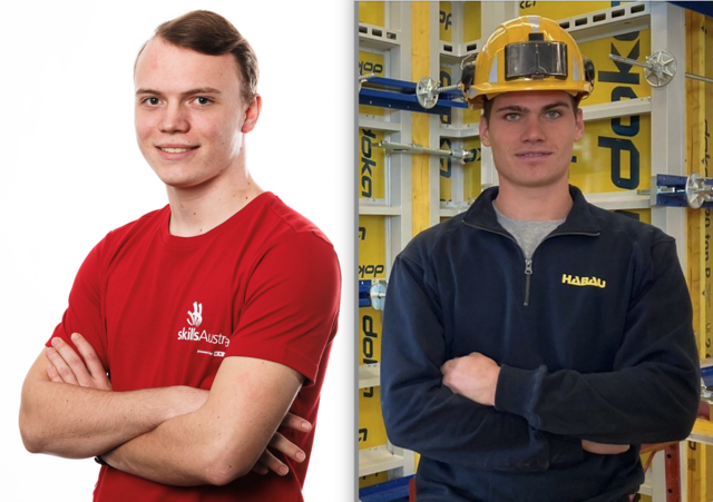 Lukas Frühwirth aus Schwertberg (links am Bild) wird im Beruf Anlagenelektrik an den Start gehen. David Friedl aus Naarn (rechts am Bild) mit seinem Kollegen Lukas Ritzberger aus Enns im Teamwettbewerb Betonbau. | Foto: SkillsAustria/Florian Wieser (linkes Bild), Karl Fröschl (rechtes Bild)