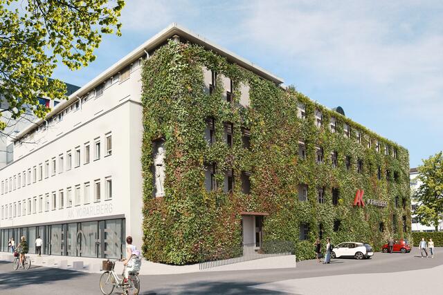 So wird das dann aussehen: Drei bis fünf Grad Celsius weniger in den Innenräumen kann die Fassadenbegrünung als natürliche Klimaanlage erwirken | Foto: Rendering, Huchler, AK