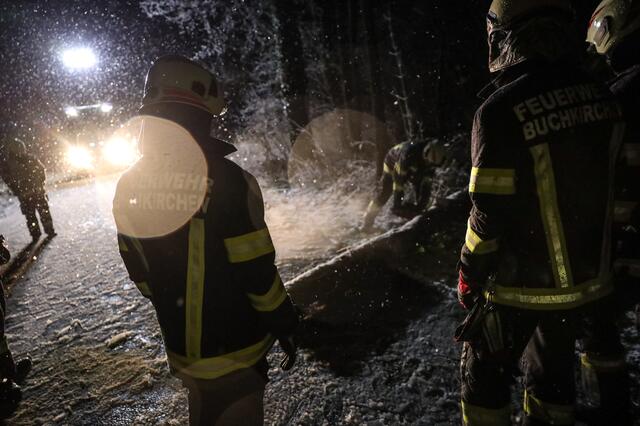 Anhaltende Schneefälle und starke Sturmböen führen zum blockierten Straßen durch umgefallene Bäume. Wie hier in Buchkirchen standen die Feuerwehren vielerorts im Einsatz. | Foto: Matthias Lauber/laumat.at