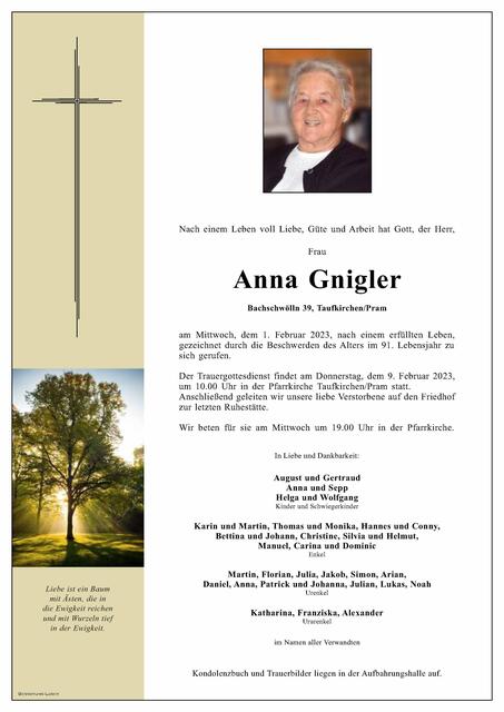 Anna Gnigler ✝︎ 1. Februar 2023 | Foto: Bestattung Luger