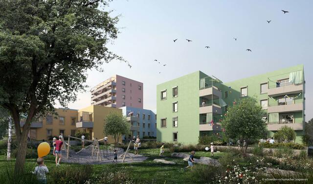 Die neuen Wohnungen im Wildgarten werden in Ziegelbauweise errichtet. Im nächsten Jahr wird das Grätzl fertiggestellt. | Foto: schneider+schumacher/expressiv