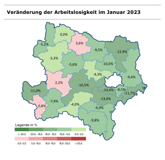 Veränderung der Arbeitslosigkeit im Jänner 2023 verglichen mit Jänner 2022. | Foto: AMS Gmünd