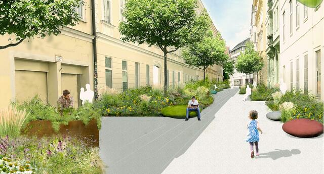 Die Bürgerinititiave möchte aus der Mühlgasse eine begrünte und verkehrsberuhigte Fußgängerzone machen.  | Foto: Rendering: Bürgerinitiative Mühlgasse
