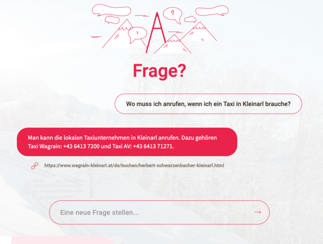 Bei der Frage nach der Telefonnummer von Taxi-Unternehmen in Wagrain gibt der Concierge die richtige Auskunft. | Foto: Screenshot TVB Wagrain-Kleinarl