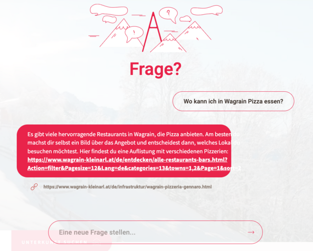 Die Auflistung der Pizzerien in Wagrain verlinkt der Chatbot in seiner Antwort. Klickt man auf den Link, findet man eine Auflistung von fünf Lokalen, die Pizza anbieten. | Foto: Screenshot TVB Wagrain-Kleinarl
