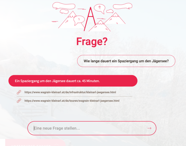 Auch die Dauer eines Spaziergangs um den Jägersee weiß der Chatbot. | Foto: Screenshot TVB Wagrain-Kleinarl