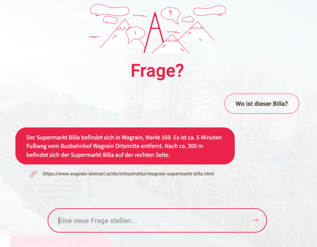 Die Nachfrage nach dem genauen Standort des entsprechenden Supermarktes beantwortet der Chatbot ohne Probleme. | Foto: Screenshot TVB Wagrain-Kleinarl