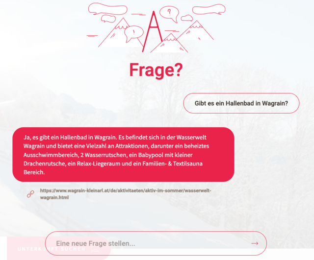 Die Frage nach dem Hallenbad in Wagrain beantwortet der Concierge sogar mit Zusatzinfos.  | Foto: Screenshot TVB Wagrain-Kleinarl