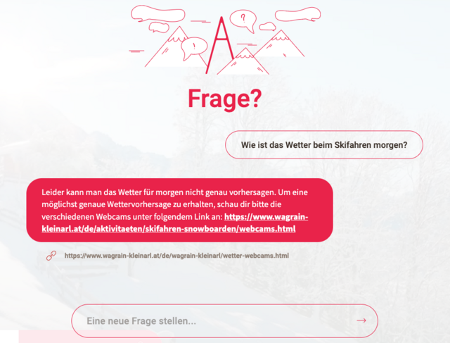 Die Frage nach dem Wetterbericht für den nächsten Tag kann der Chatbot nicht beantworten. Der weiterführende Link führt auf eine Seite, die nicht (mehr) existiert. | Foto: Screenshot TVB Wagrain-Kleinarl