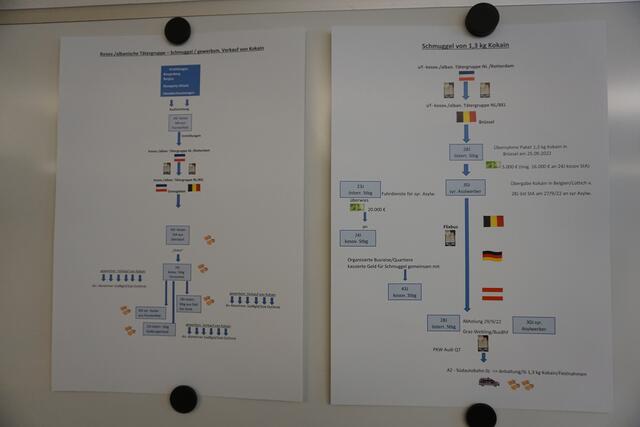 Das "Organigramm" des Drogenrings und seines Auffliegens. | Foto: Martin Wurglits