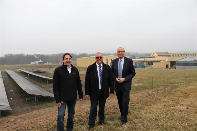 Günther Fortmüller, Christian Lazarevic und Johann Haring vor der Freiflächen-Photovoltaik-Anlage von Roto Frank. | Foto: Edith Ertl