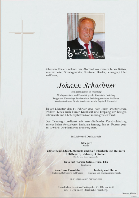 Johann Schachner, ✝︎ 14. Februar 2023 | Foto: Bestattung Schärding