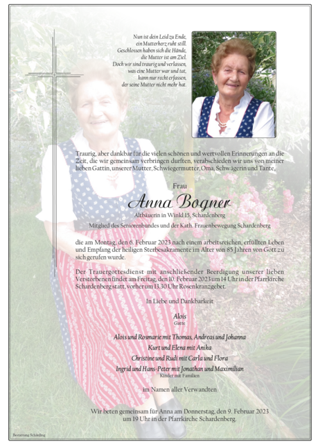 Anna Bogner, ✝︎ 6. Februar 2023 | Foto: Bestattung Schärding