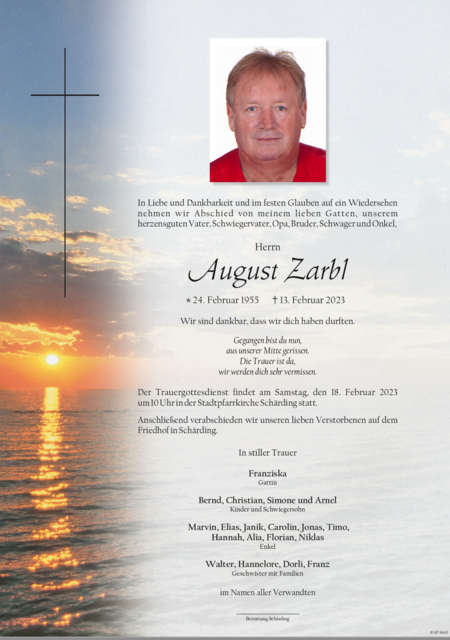 August Zarbl, ✝︎ 13. Februar 2023 | Foto: Bestattung Schärding
