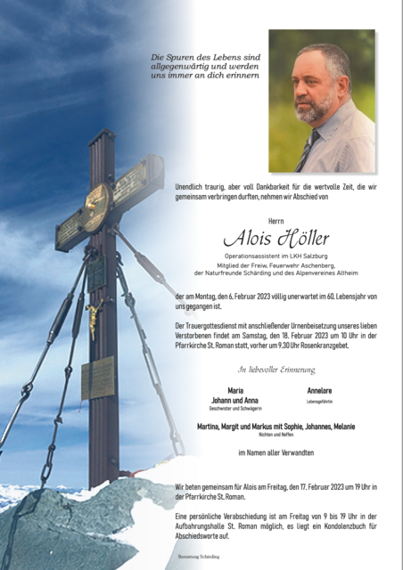Alois Höller, ✝︎ 6. Februar 2023 | Foto: Bestattung Schärding