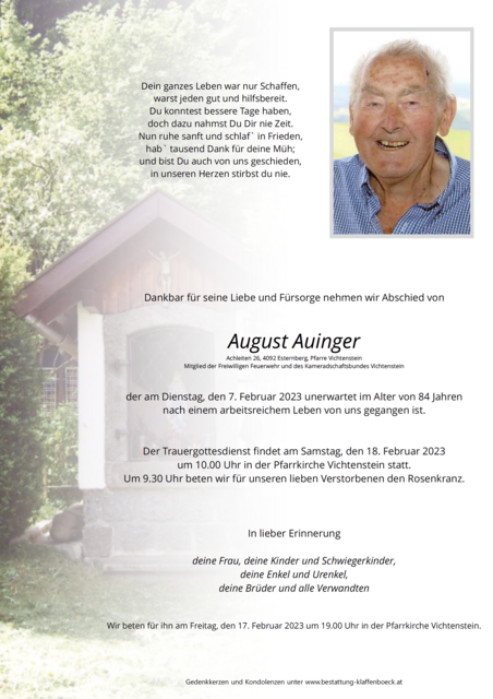 August Auinger, ✝︎ 7. Februar 2023 | Foto: Bestattung Klaffenböck