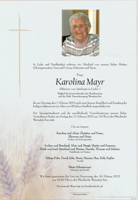 Karolina Mayr, ✝︎ 7. Februar 2023 | Foto: Bestattung Schärding