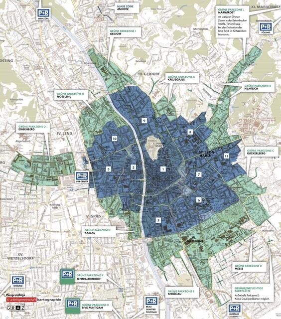 Die Grüne Zone umspannt die „blaue“ Innenstadt. In den Grenzbereichen lauern Fallen. | Foto: Stadt Graz
