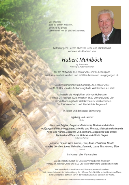 Hubert Mühlböck, ✝︎ 15. Februar 2023 | Foto: Bestattung Klaffenböck