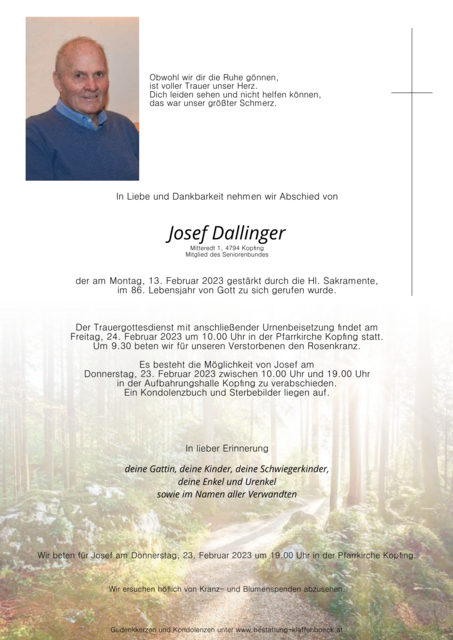 Josef Dallinger, ✝︎ 13. Februar 2023 | Foto: Bestattung Klaffenböck