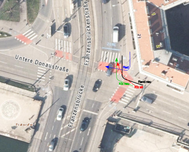 Hier sieht man die Auswirkungen der Aktion. Auf der Grafik ist der neue Fahrbahnrand in schwarz markiert, die möglichen Abbiegerouten der Kfz in rot (derzeitiger Stand) bzw. grün (Stand Neu), sowie die der abbiegenden Radfahrenden in blau.