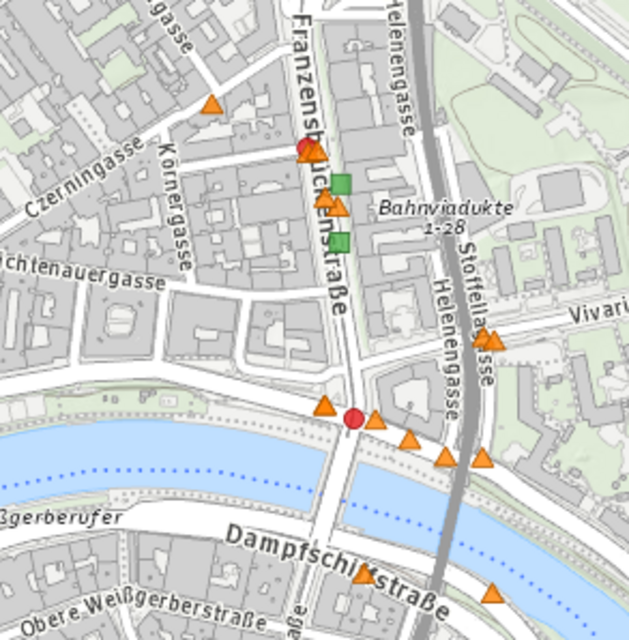 An der Kreuzung der Schüttelstraße mit der Franzensbrückenstraße kommt es immer wieder zu Unfällen. Das zeigt der Ausschnitt der Verkehrsunfallkarte der Statistik Austria.