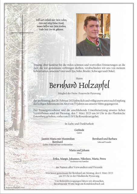Bernhard Holzapfel, ✝︎ 26. Februar 2023 | Foto: Bestattung Schärding