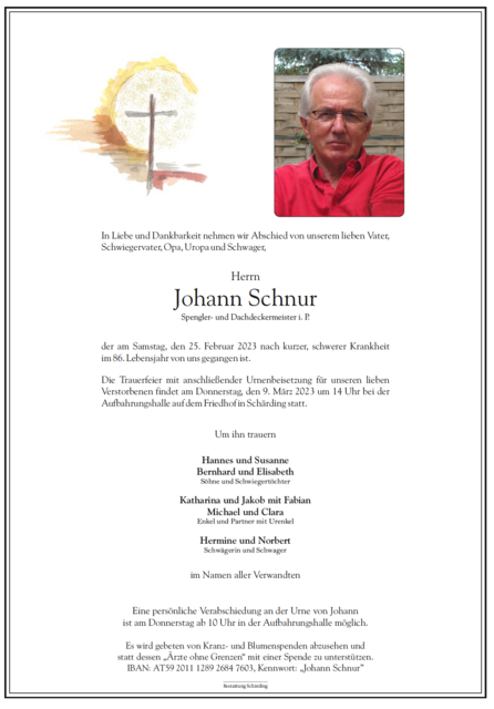 Johann Schnur, ✝︎ 25. Februar 2023 | Foto: Bestattung Schärding