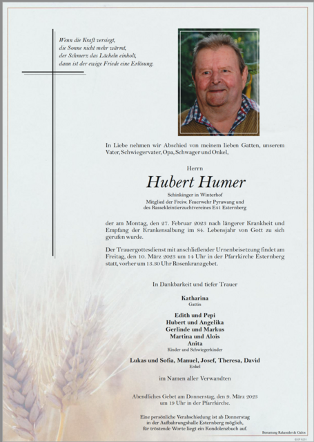 Hubert Humer, ✝︎ 27. Februar 2023 | Foto: Bestattung Schärding