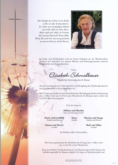 Elisabeth Schmidbauer, ✝︎ 26. Februar 2023 | Foto: Bestattung Rakaseder &amp; Galos