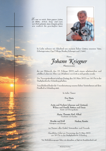 Johann Kriegner, ✝︎ 22. Februar 2023 | Foto: Bestattung Schärding