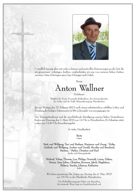 Anton Wallner, ✝︎ 27. Februar 2023 | Foto: Bestattung Rakaseder &amp; Galos