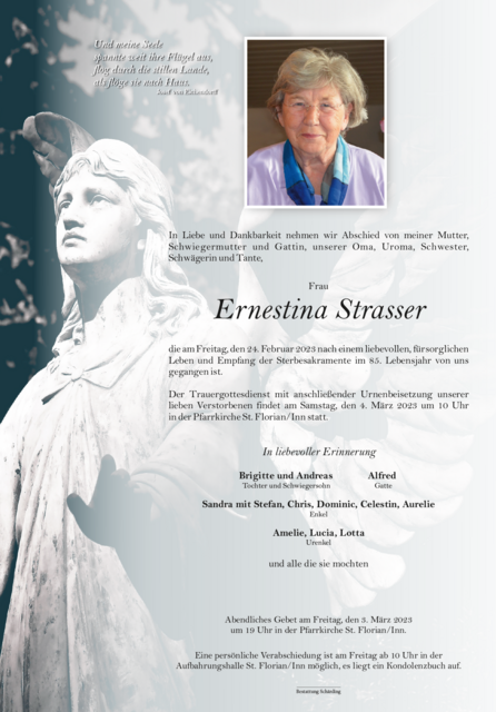 Ernestina Strasser, ✝︎ 24. Februar 2023 | Foto: Bestattung Schärding
