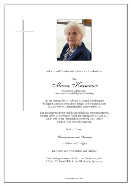 Maria Krammer, ✝︎ 24. Februar 2023 | Foto: Bestattung Rakaseder &amp; Galos