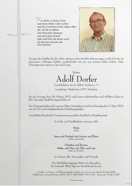 Adolf Dorfer, ✝︎ 26. Februar 2023 | Foto: Bestattung Schärding