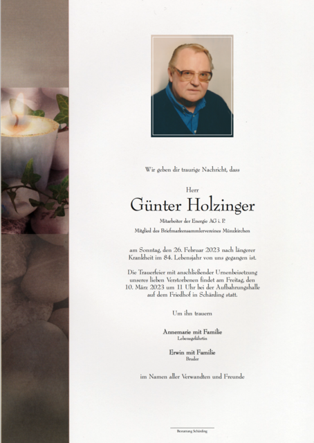 Günter Holzinger, ✝︎ 26. Februar 2023 | Foto: Bestattung Schärding
