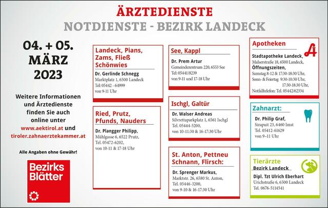 Die Notdienste im Bezirk Landeck für Samstag, 04. März und Sonntag, 05. März. | Foto: BezirkBlätter Landeck