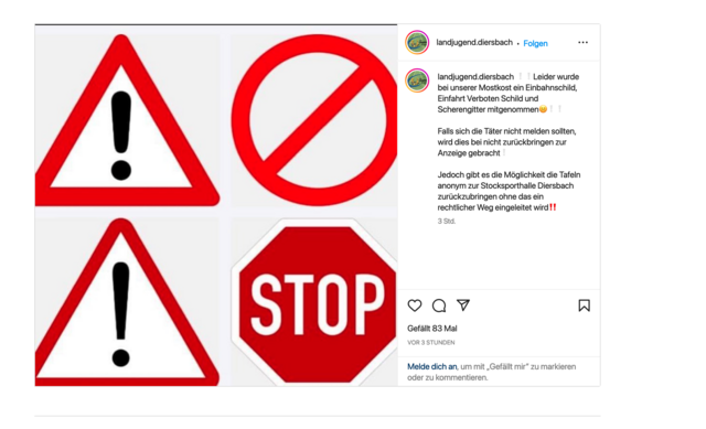 Die Landjugend Diersbach droht mit einer Anzeige, wenn die Schildern nicht unverzüglich zurückgebracht werden.  | Foto: Screenshot