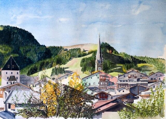 Titel vom Kunstwerk: Der Blick auf die Kitzbüheler Hausbergkante, Technik: Aquarell, Größe: 80 cm x 60 cm, Preis: auf Anfrage, Auflagenhöhe: 1 Stück (= Original) | Foto: Künstlerin Mag. Art. Alexandra Magris Weigelsperg