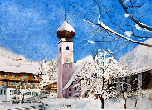 Titel vom Kunstwerk: Im Zentrum von Aurach bei Kitzbühel, Technik: Aquarell, Größe: 80 cm x 60 cm, Preis: auf Anfrage, Auflagenhöhe: 1 Stück (= Original) | Foto: Künstlerin Mag. Art. Alexandra Magris Weigelsperg