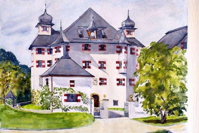 Titel vom Kunstwerk: Schloss Kaps / Kitzbühel, Technik: Aquarell, Größe: 50 cm x 40 cm, Preis: auf Anfrage, Auflagenhöhe: 1 Stück (= Original), Entstehungsjahr: 2015 | Foto: Künstlerin Mag. Art. Alexandra Magris Weigelsperg
