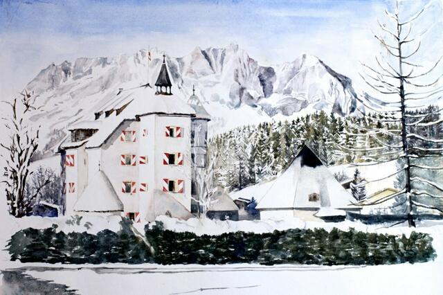 Titel vom Kunstwerk: Schloss Münichau / Reith bei Kitzbühel, Technik: Aquarell, Größe: 50 cm x 40 cm
mit Passepartout + Rahmen 68 cm x 56 cm, Preis: auf Anfrage, Auflagenhöhe: 1 Stück (= Original), Entstehungsjahr: 2016 | Foto: Künstlerin Mag. Art. Alexandra Magris Weigelsperg