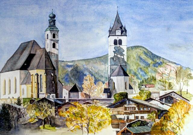 Titel vom Kunstwerk: Kirchen in Kitzbühel, Technik: Aquarell, Größe: 80 cm x 60 cm, Preis: auf Anfrage, Auflagenhöhe: 1 Stück (= Original), Entstehungsjahr: 2016 | Foto: Künstlerin Mag. Art. Alexandra Magris Weigelsperg
